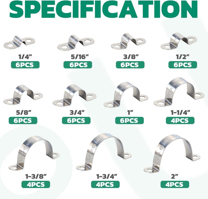 ORU 58pcs Conduit Clamp Assortment Kit 304 Stainless Steel, 11 Sizes (1/4"-2") Rigid Metal Pipe Clamp U Bracket, 2 Holes Pipe Strap for Automotive, Wire & Tube - Image 2
